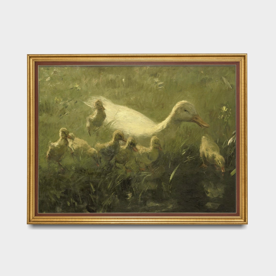 White Duck With Eight Ducklings in Grass Vintage Wildlife Poster - Image 3