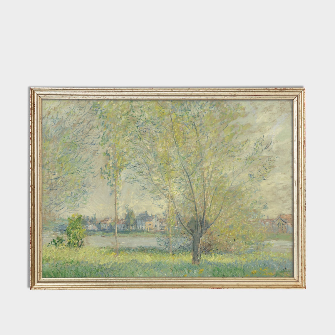 Spring Riverside with Young Trees and Village Impressionist Poster - Image 3