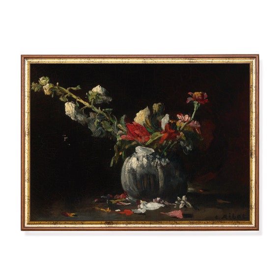 Still Life With Flowers Painting Dark Moody Wall Decor Vintage Rustic Living Room Prints Floral Wall Art