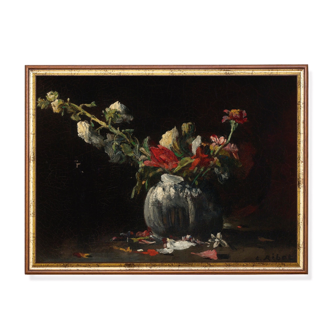 White Vase With Red And White Flowers On Black Still Life Poster
