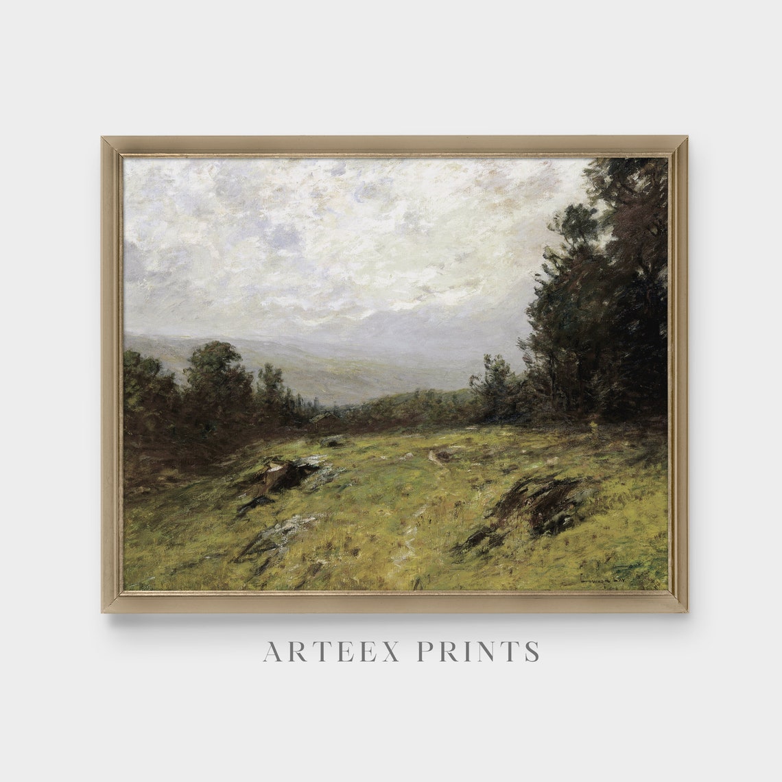 Green Meadow Valley Antique Landscape Oil Painting Rustic Poster - Image 4