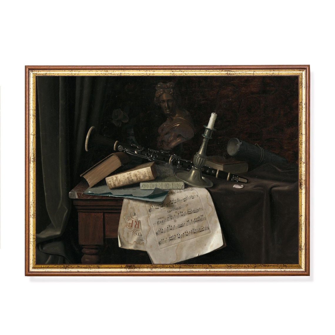 Clarinet Books and Sheet Music on a Table Antique Still Life Poster
