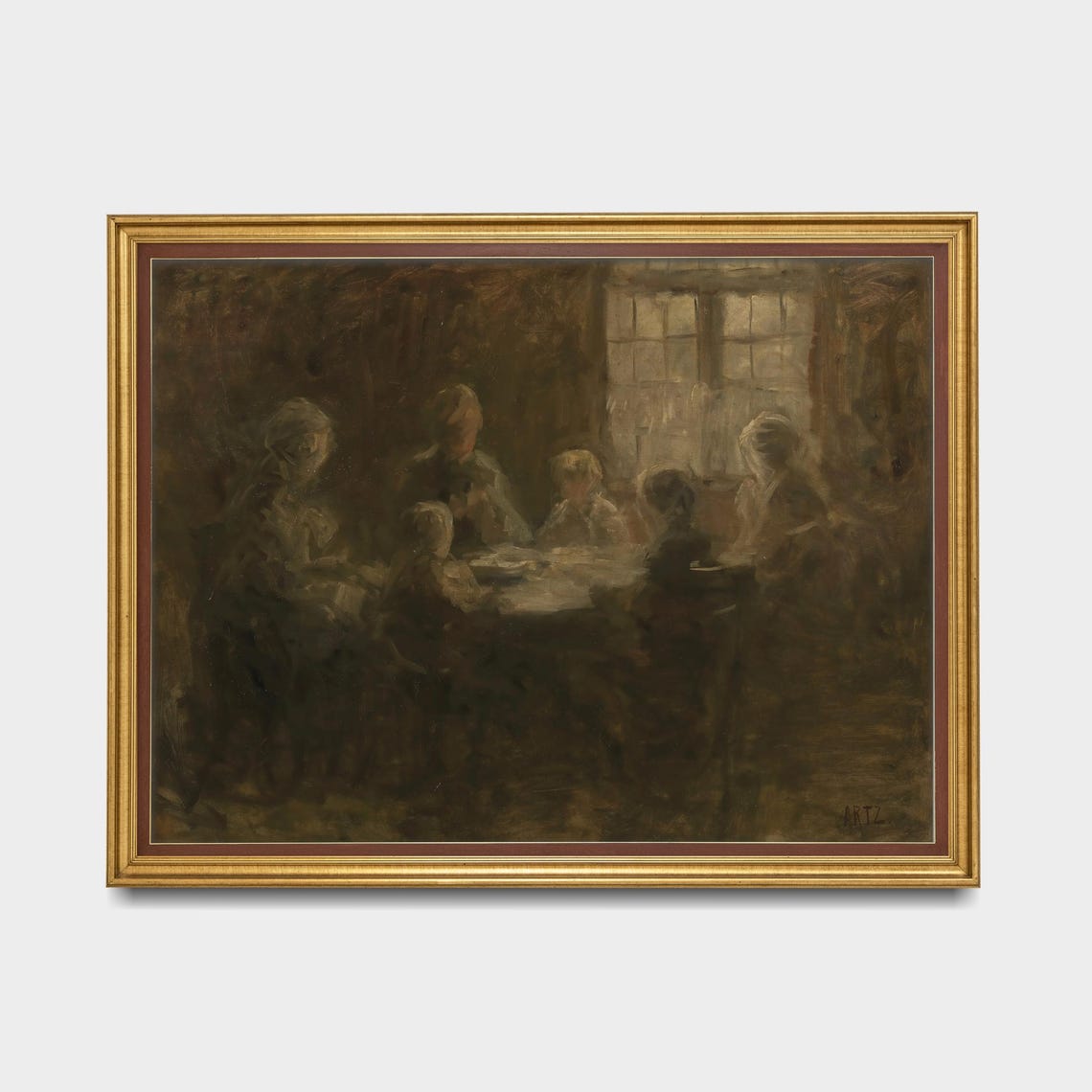 Devout Family Praying Together Moody Antique Figurative Oil Poster - Image 5
