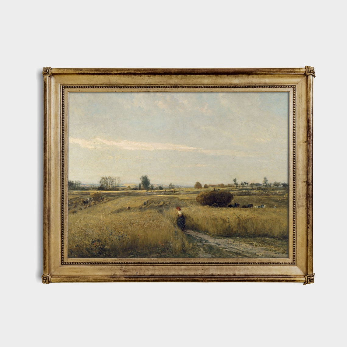 Golden Wheat Harvest Field with Workers and Haystacks Poster - Image 3