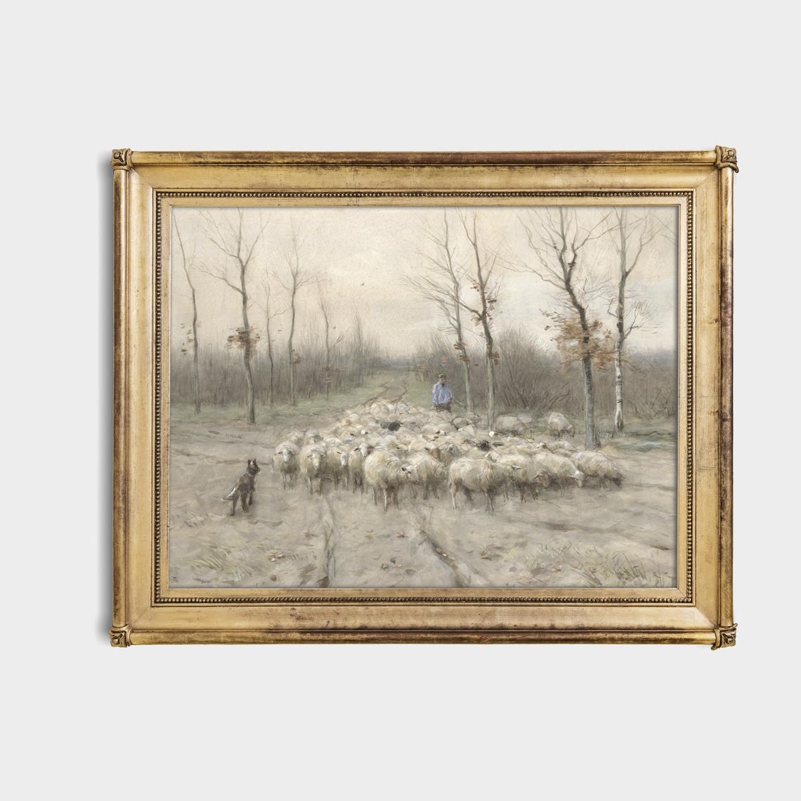 Shepherd Leading Sheep Flock Sandy Path Bare Trees Vintage Art Poster - Image 4
