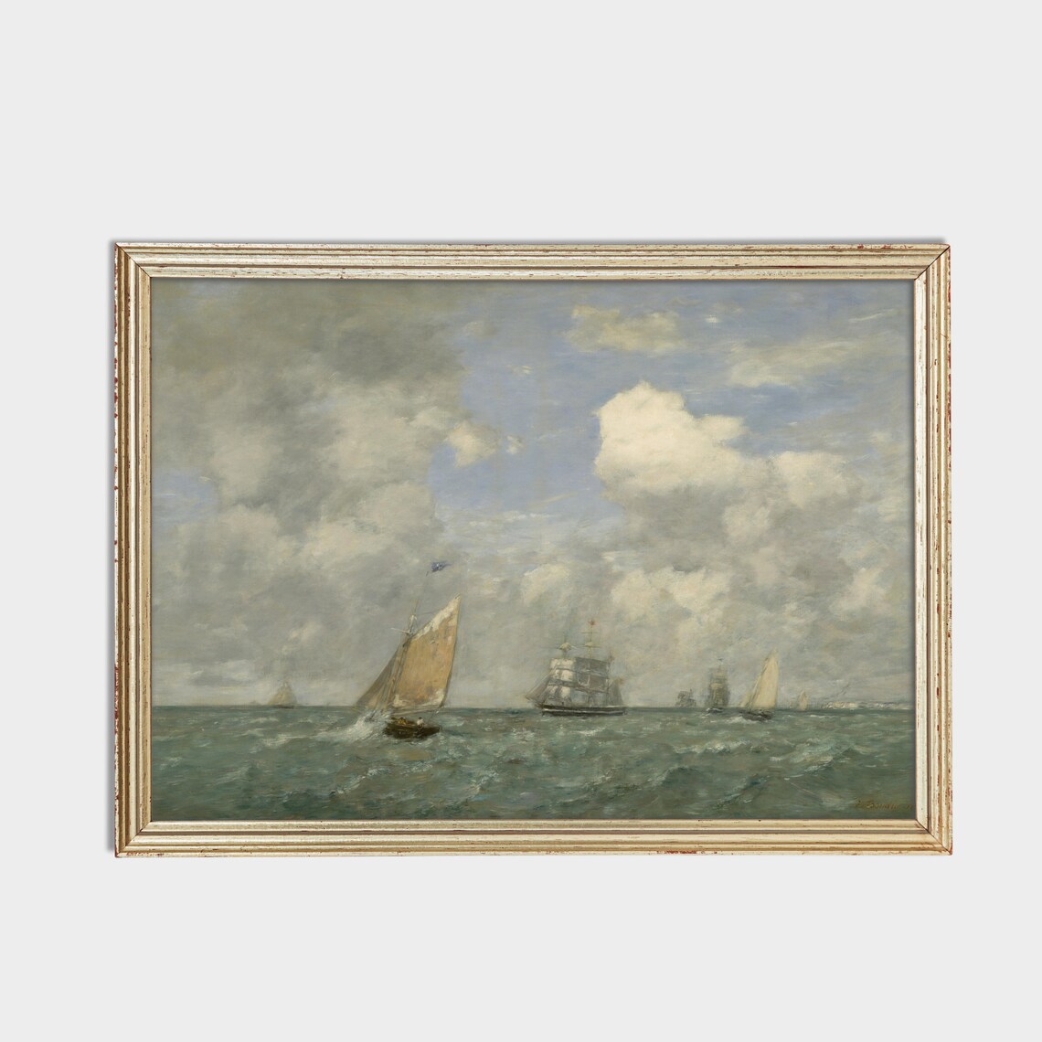 Sailing Vessels on a Choppy Sea Vintage Marine Oil Painting Poster - Image 2