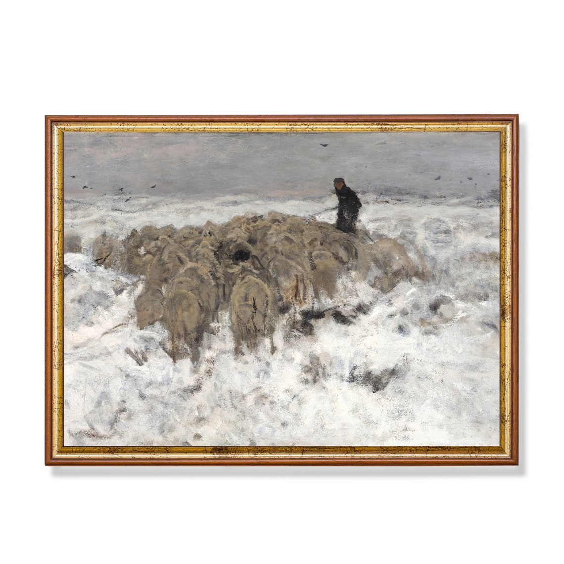 Shepherd Driving Sheep Through a Winter Snowstorm Painting Poster