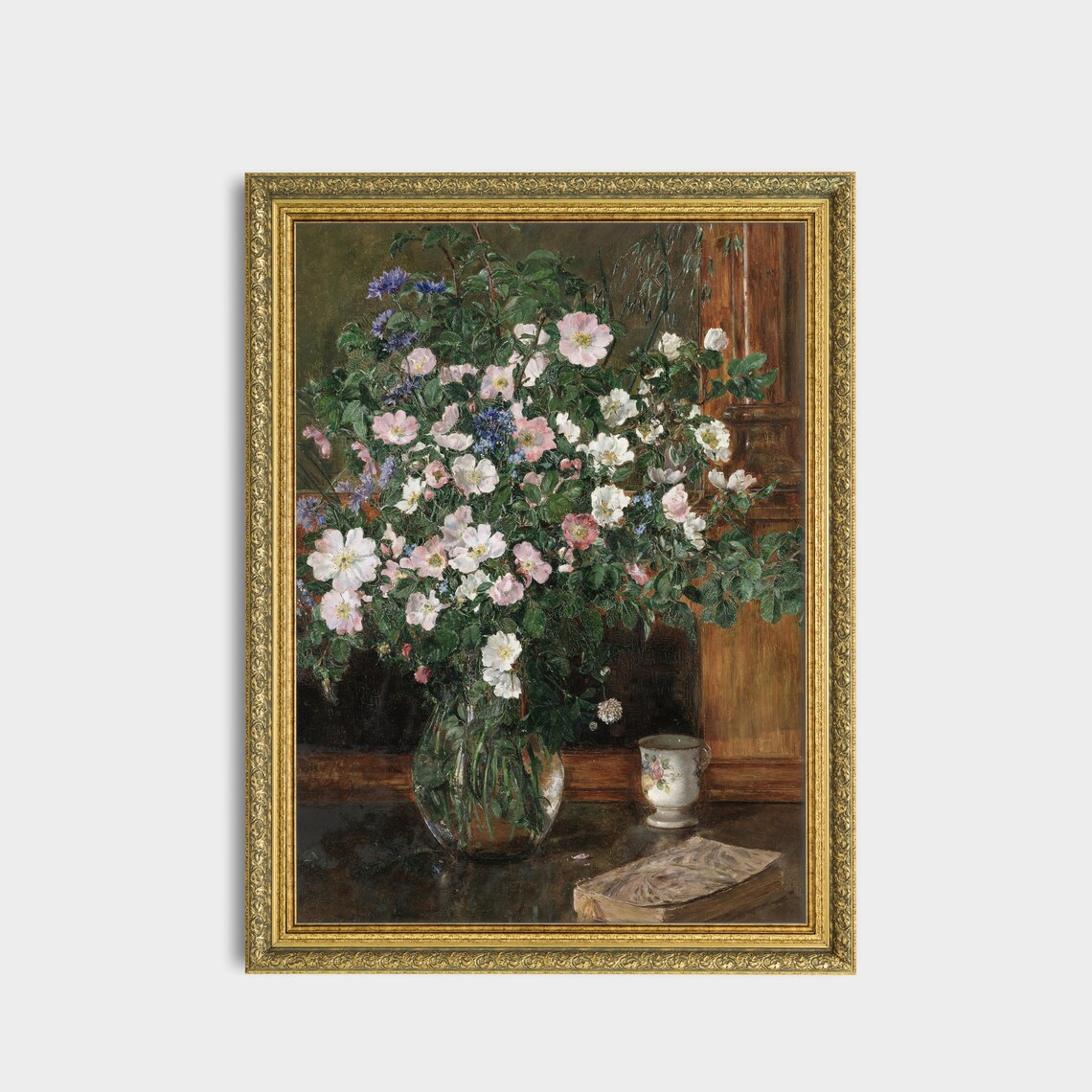 Wild Roses in a Glass Vase with an Old Book Still Life Poster - Image 3