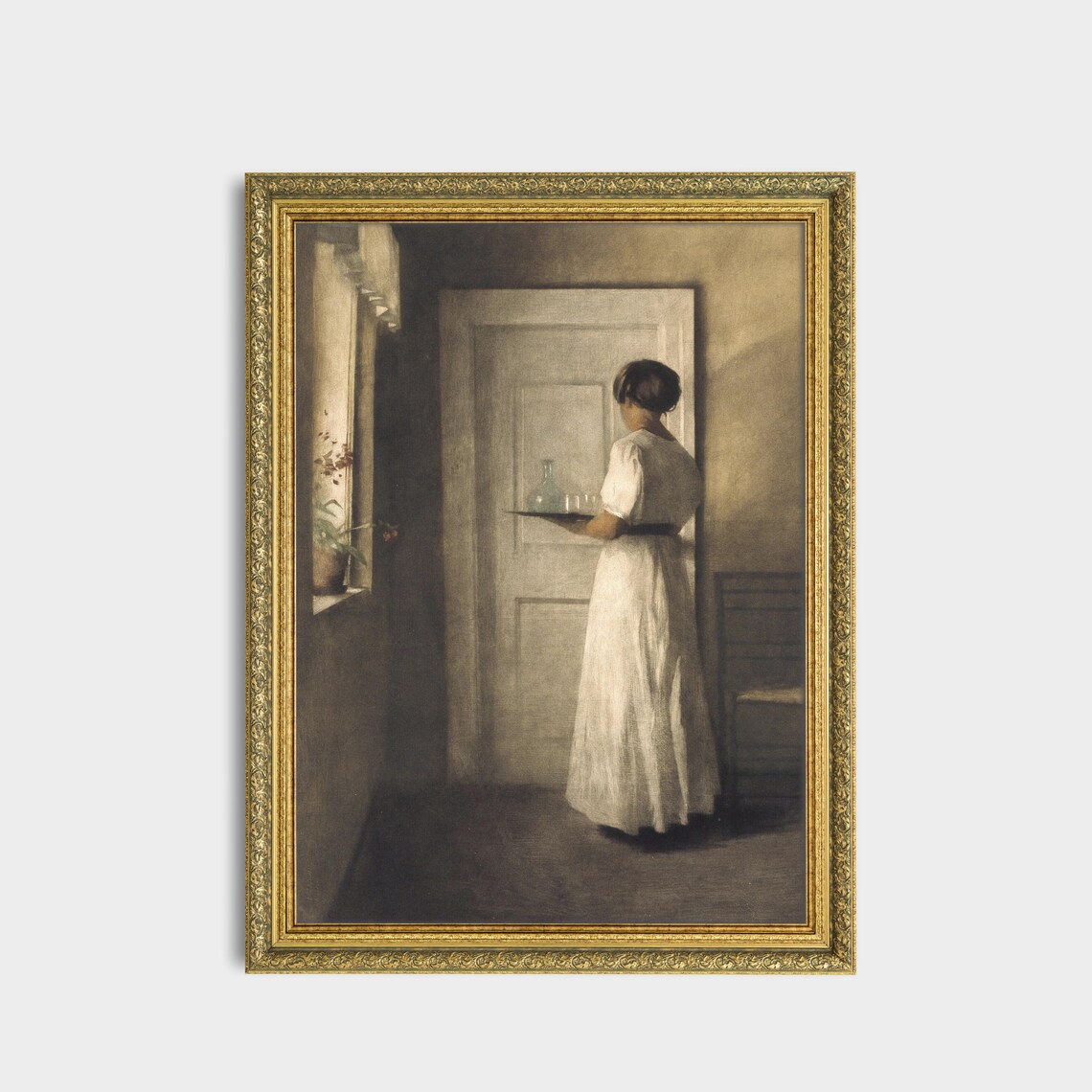 Woman With Tray By Door Danish Interior Muted Antique Painting Poster - Image 3