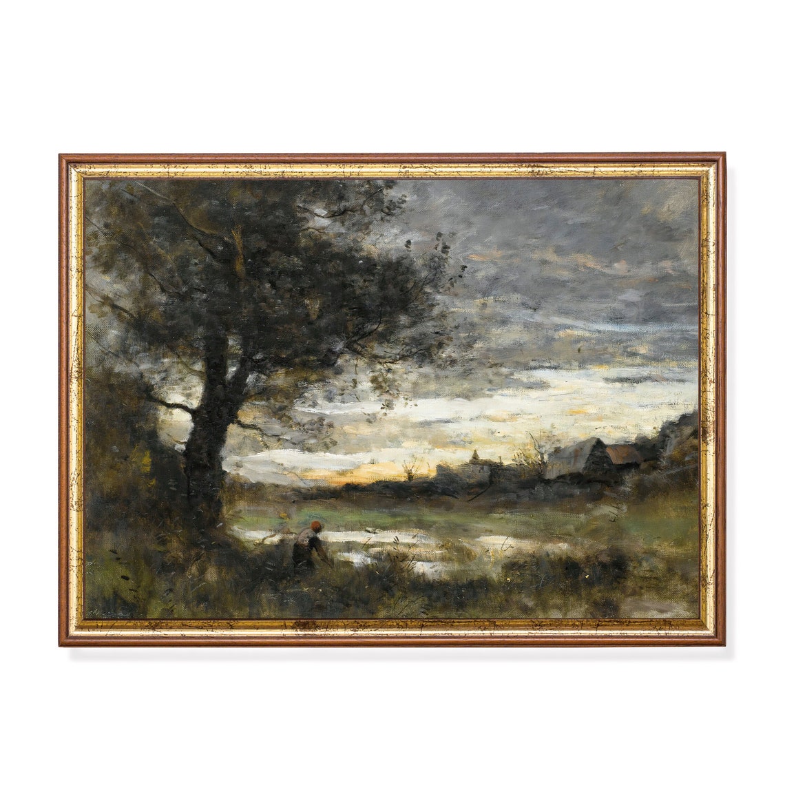 Antique Dusk Landscape with a Lone Tree and Village Beyond Poster
