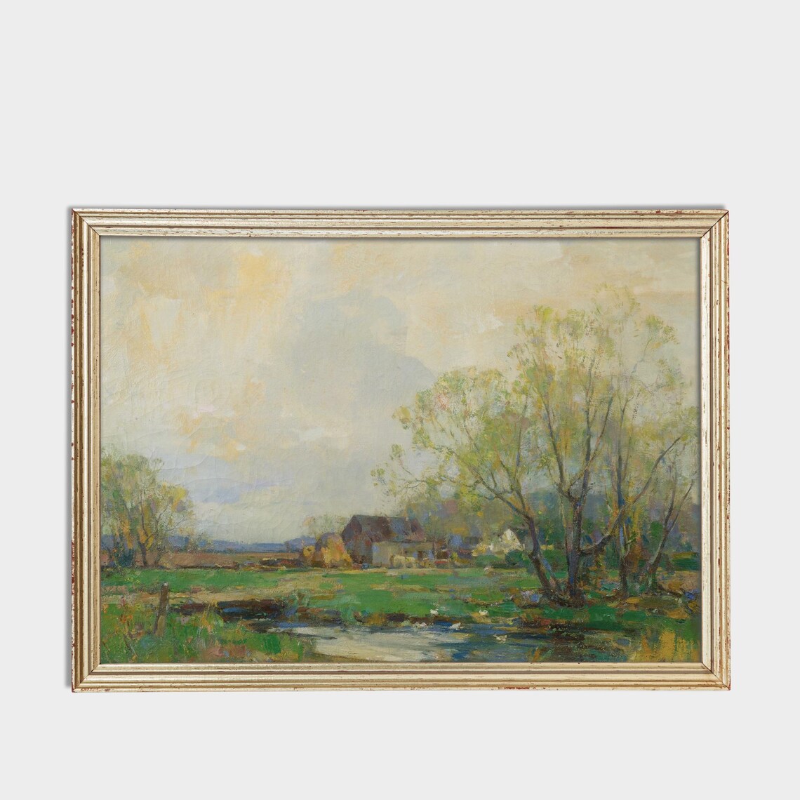 Quiet River Meadow with Farmhouse Vintage Countryside Poster - Image 3