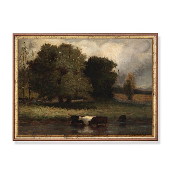 Mailed Print Landscape Painting Vintage Cows Print Antique Meadow Landscape Cattle Artwork Moody Rustic Art Printed And Shipped
