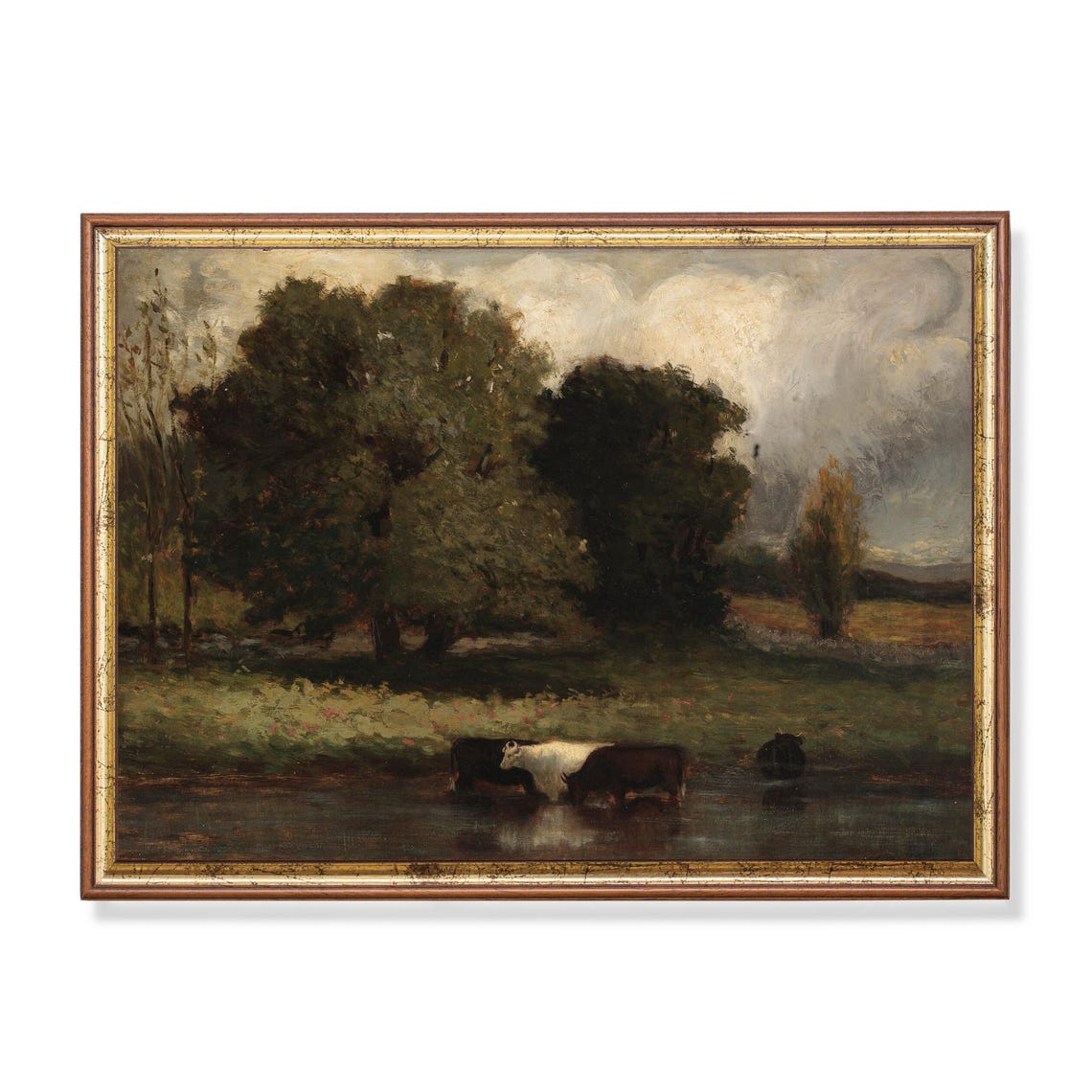 Antique Cows Drinking From Stream Meadow Painting Fine Art Poster