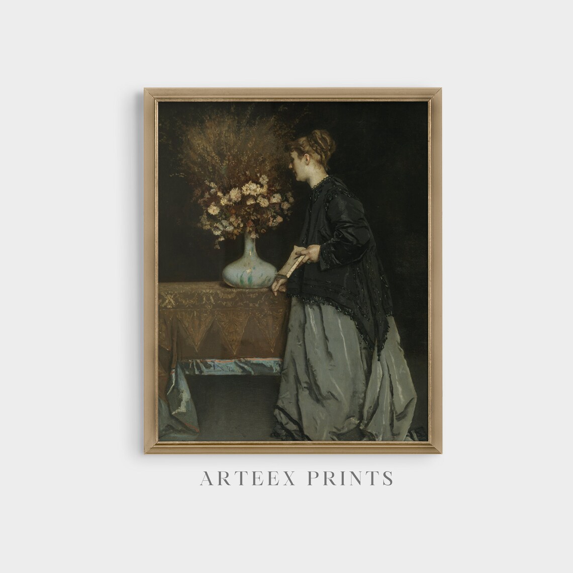 Woman Arranging White Flowers in a Vase Antique Interior Poster - Image 3