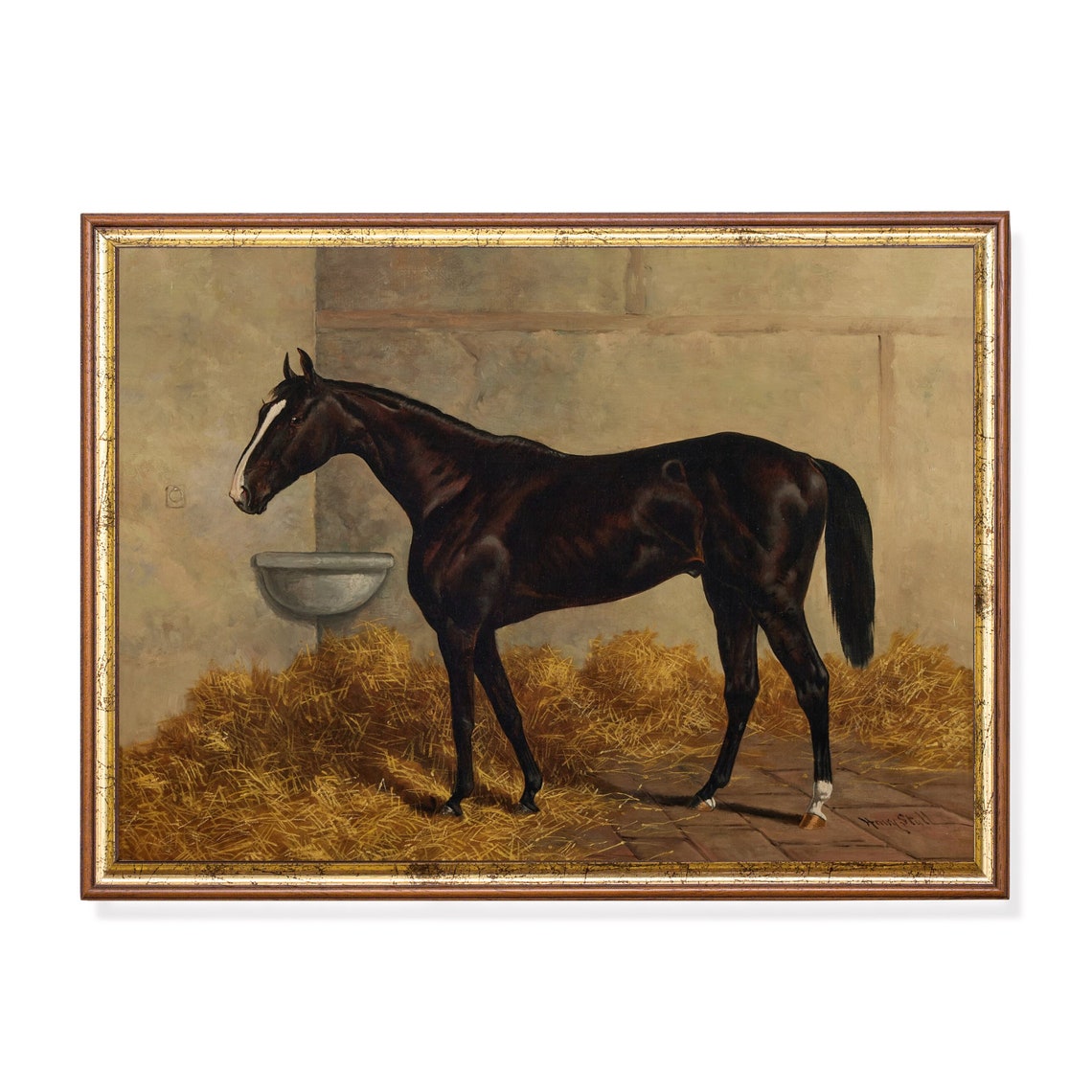 Dark Horse with White Blaze in Straw Stable Vintage Equestrian Poster