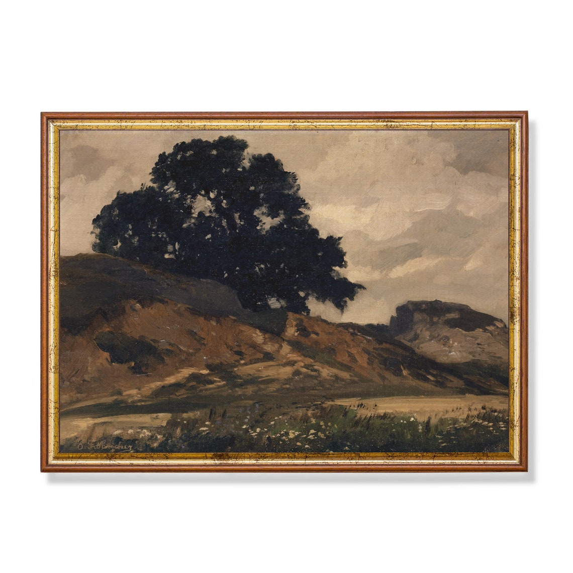 Dark Tree Silhouette on Rocky Hill Moody Vintage Landscape Poster