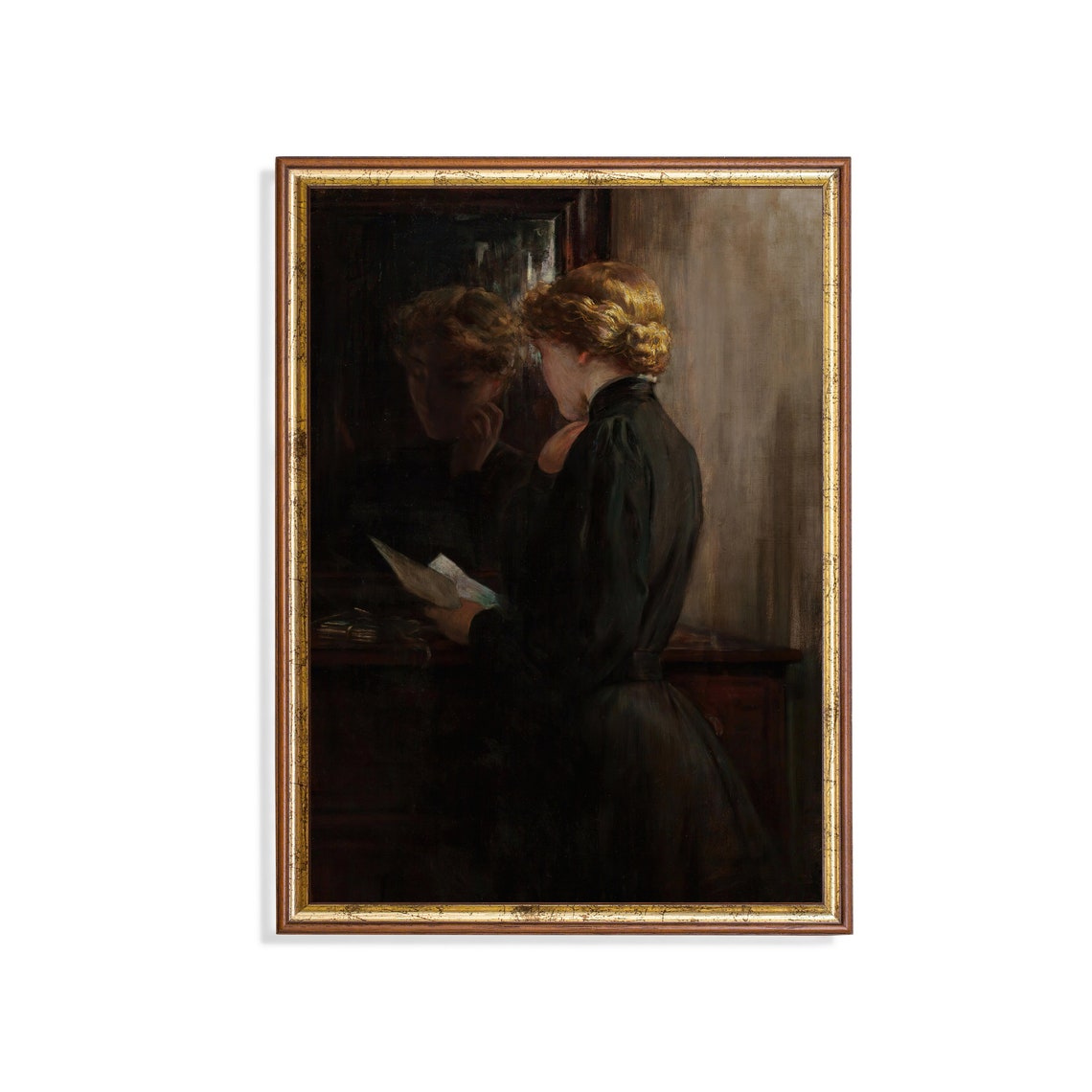 Woman Reading a Love Letter by a Mirror Dark Interior Painting Poster