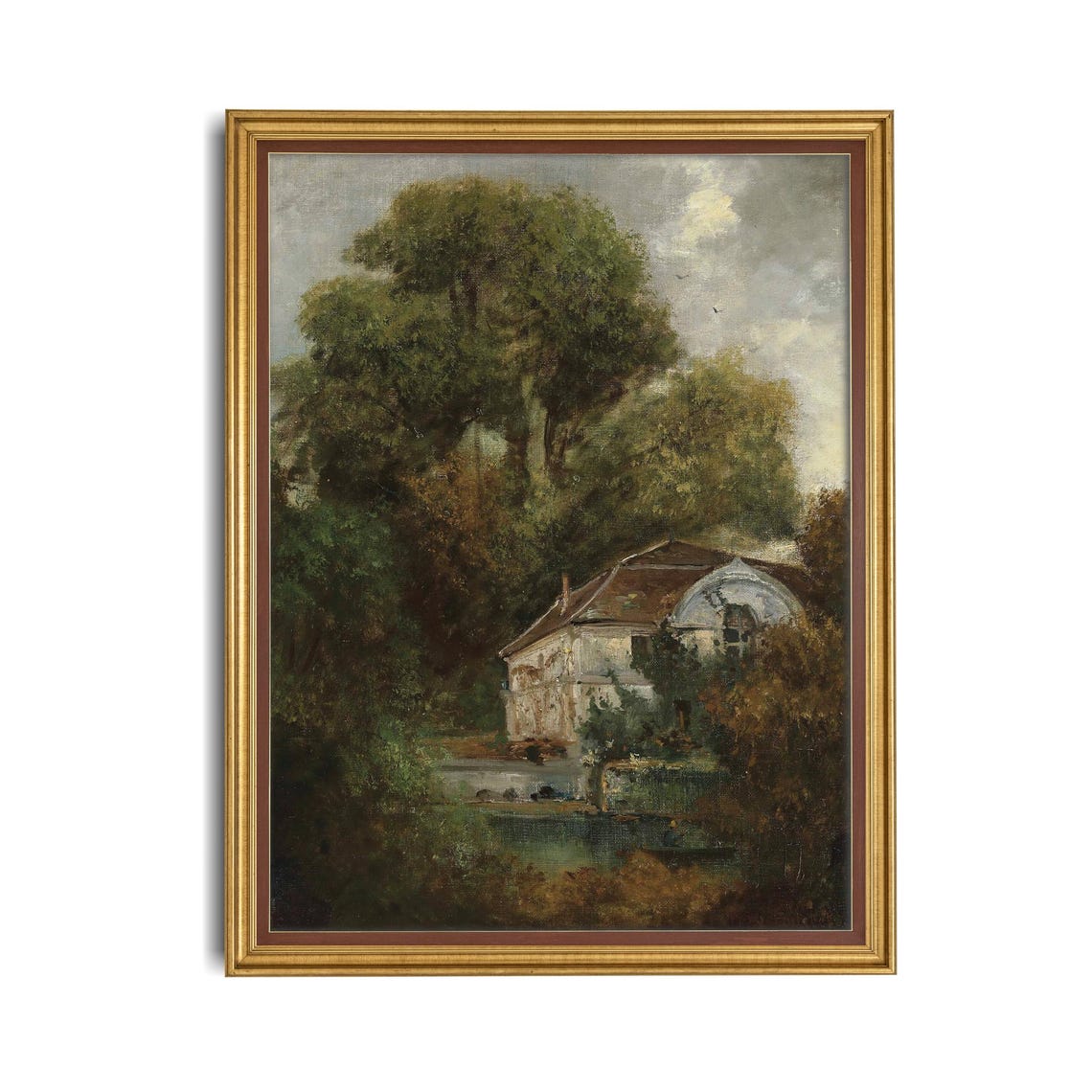 Antique Cottage Beside Pond Among Grand Trees Landscape Art Poster - Image 4