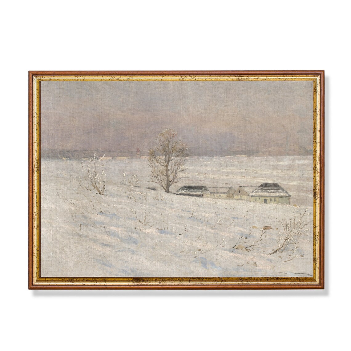 Snow Covered Field With Farmhouses Antique Winter Scene Poster