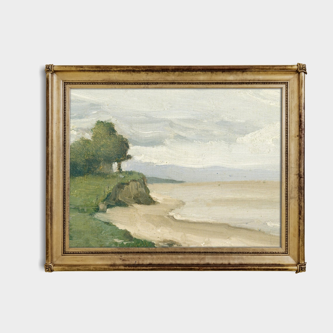 Pale Sandy Cove Beneath Grassy Rocky Cliff Vintage Seascape Poster - Image 4