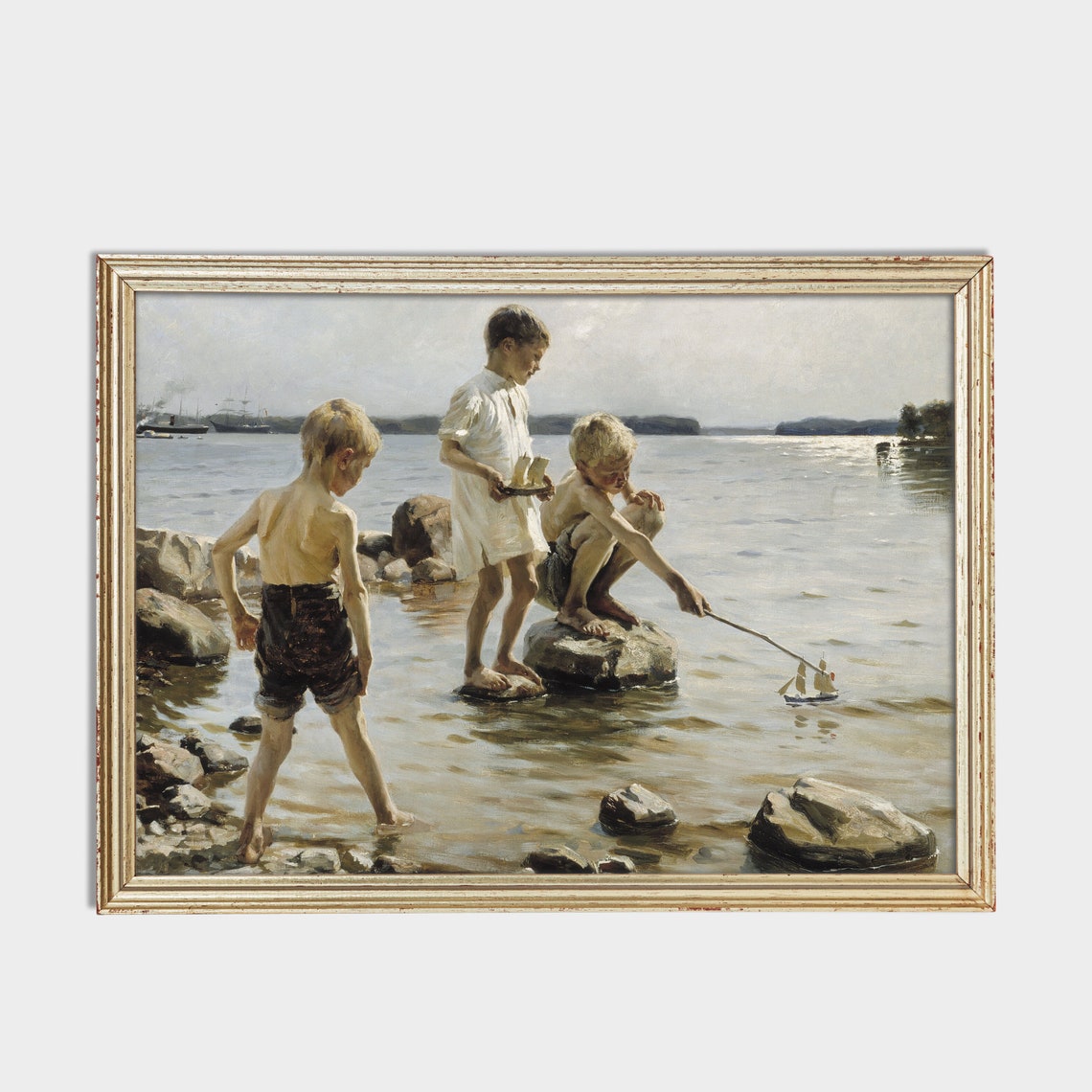 Three Boys Sailing a Toy Boat on a Rocky Shore Antique Painting Poster - Image 2