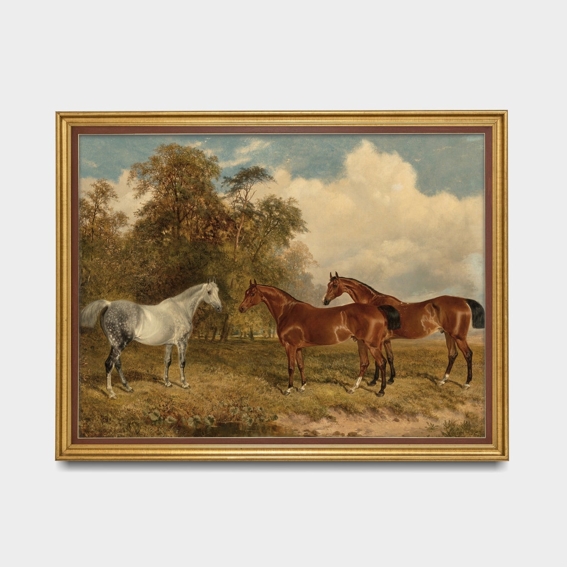 Antique Three Horses Standing in a Cloudy Meadow Vintage Poster - Image 3