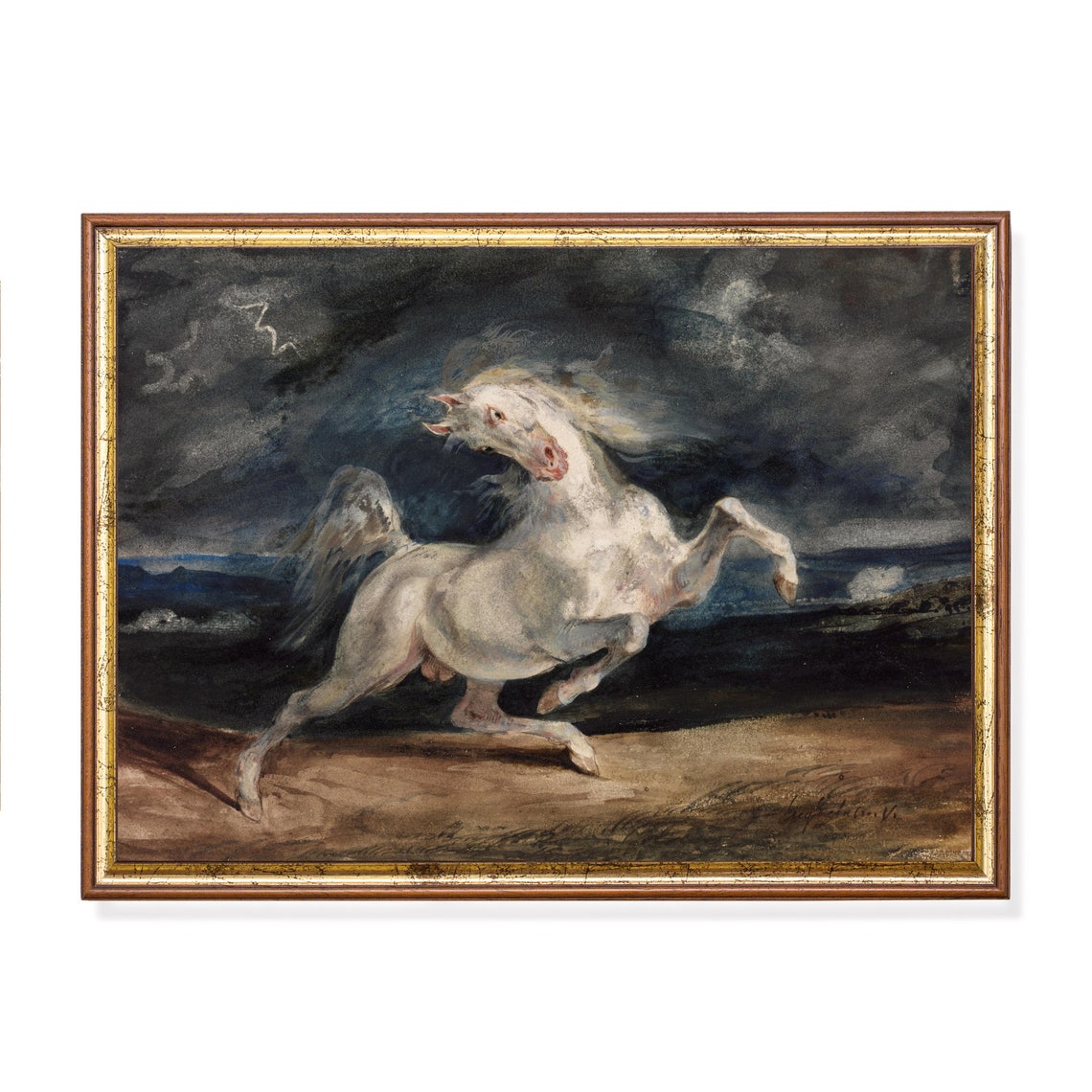 White Horse Rearing in a Dark Storm Dramatic Equestrian Poster