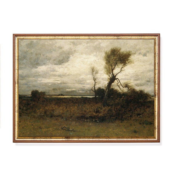 Vintage Landscape Painting Antique Country Landscape Moody Rustic Nature Print Wall Art Farmhouse Decor