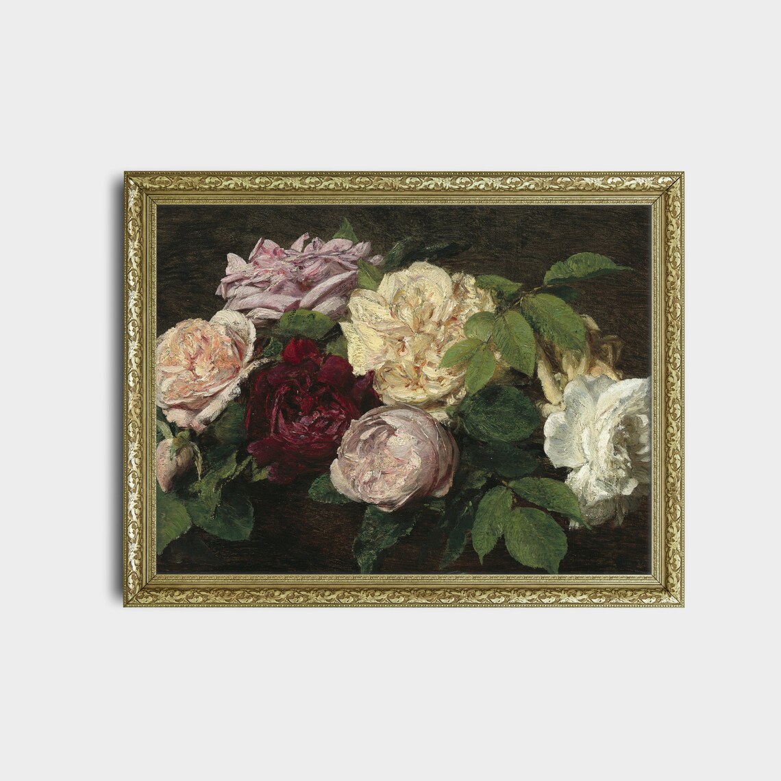 Bouquet of Cream Blush and Burgundy Roses Vintage Painting Poster - Image 2