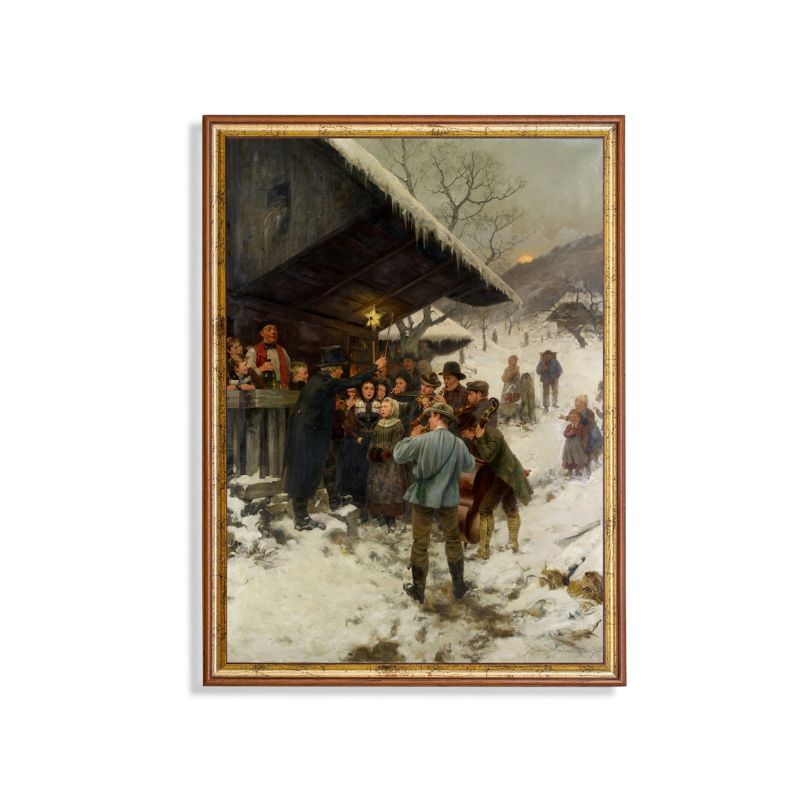 Christmas Carol Singers Outside a Snowy Cottage Holiday Poster