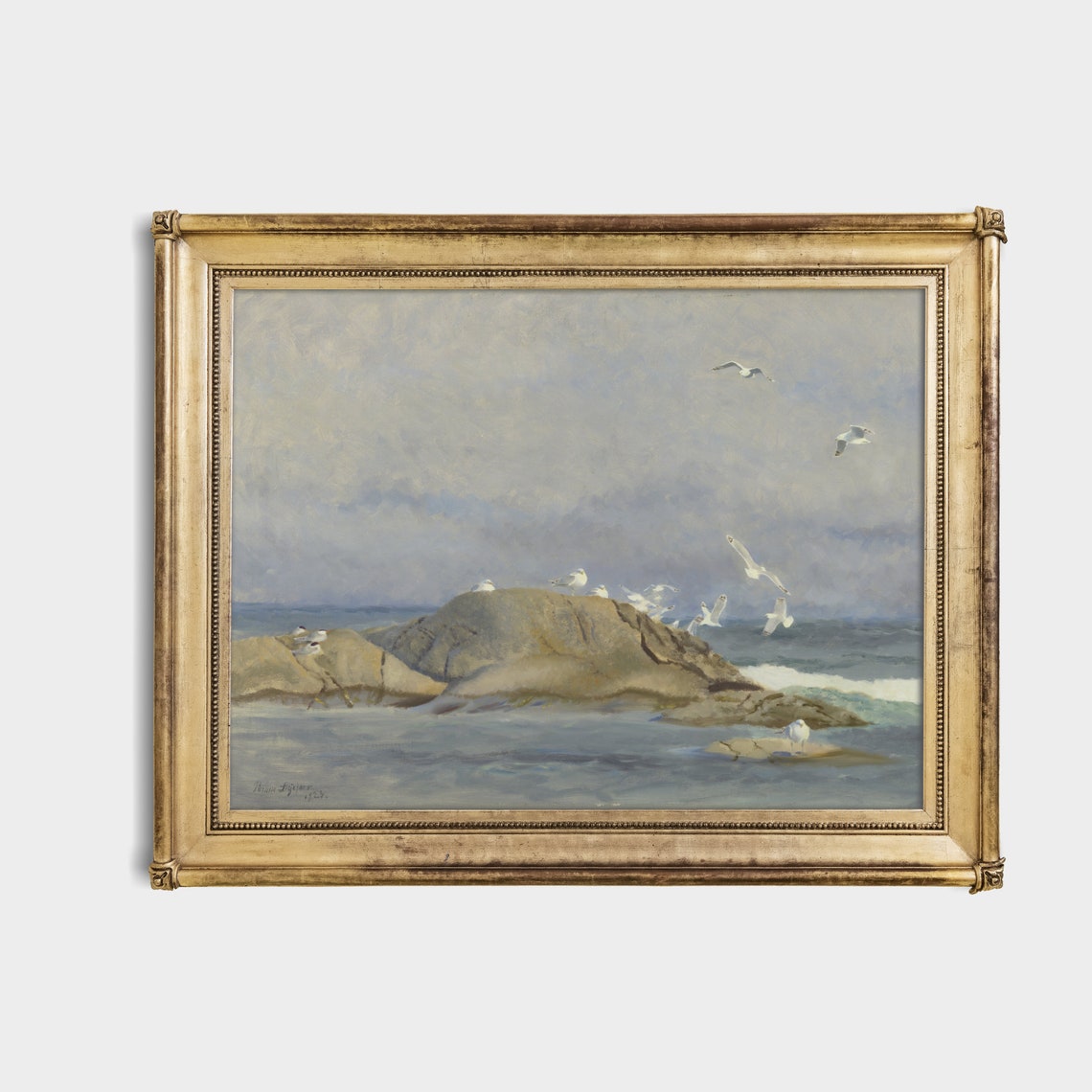 Seagulls Soaring Over a Rocky Island in a Grey Sea Sky Poster - Image 4