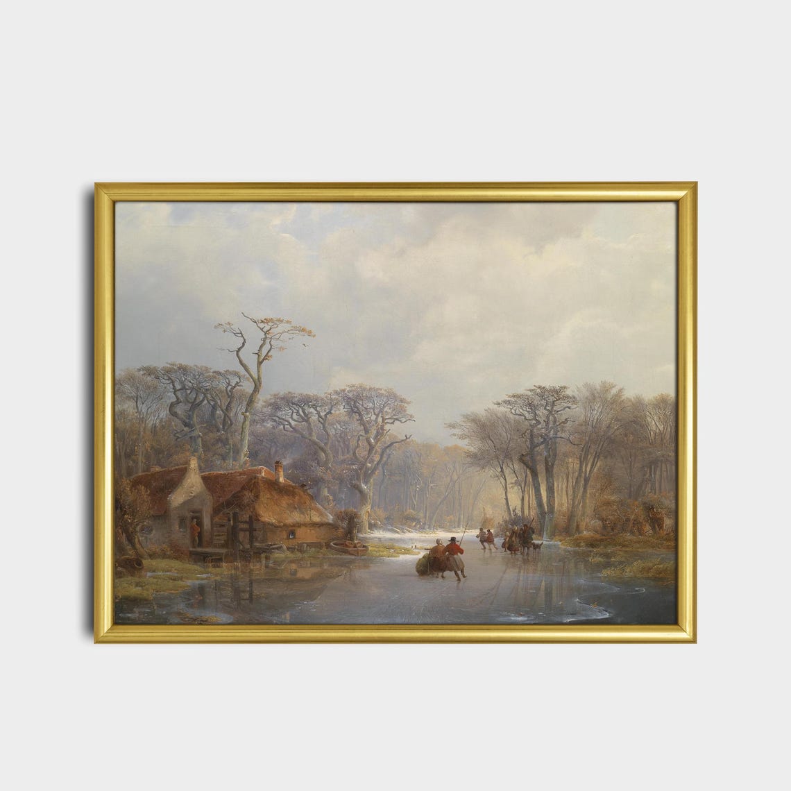 Dutch Frozen Canal Skaters Thatched Cottage Winter Art Poster - Image 2