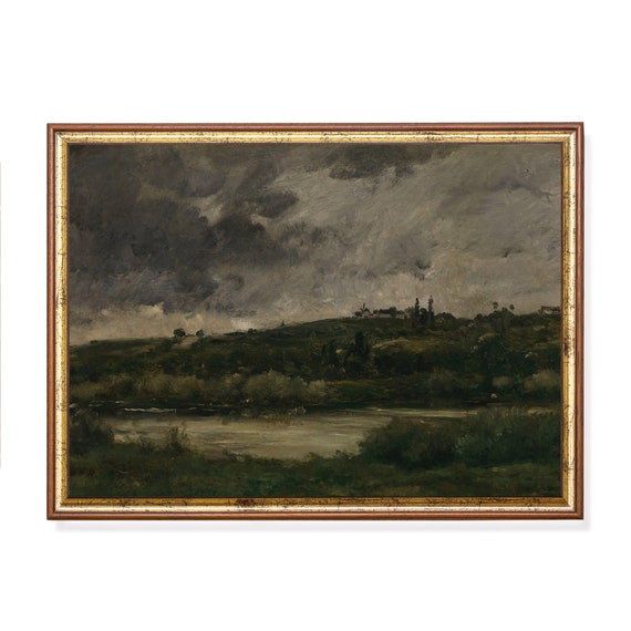 Mailed Print River Landscape Painting Vintage Wall Art Antique Country Scenery Moody Rustic Artwork Farmhouse Decor Fine Art