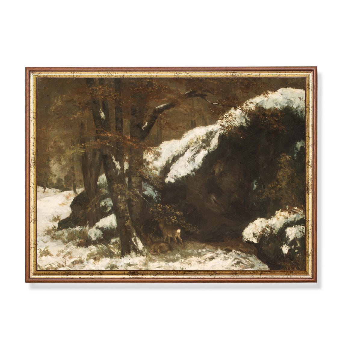 Two Deer Sheltering Under a Snowy Rock Winter Wildlife Poster