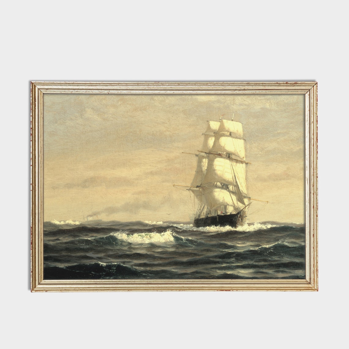 Vintage Seascape Painting Antique Ocean Beach Print Sailing Ship Moody Rustic Nautical Decor Wall Art - Image 2