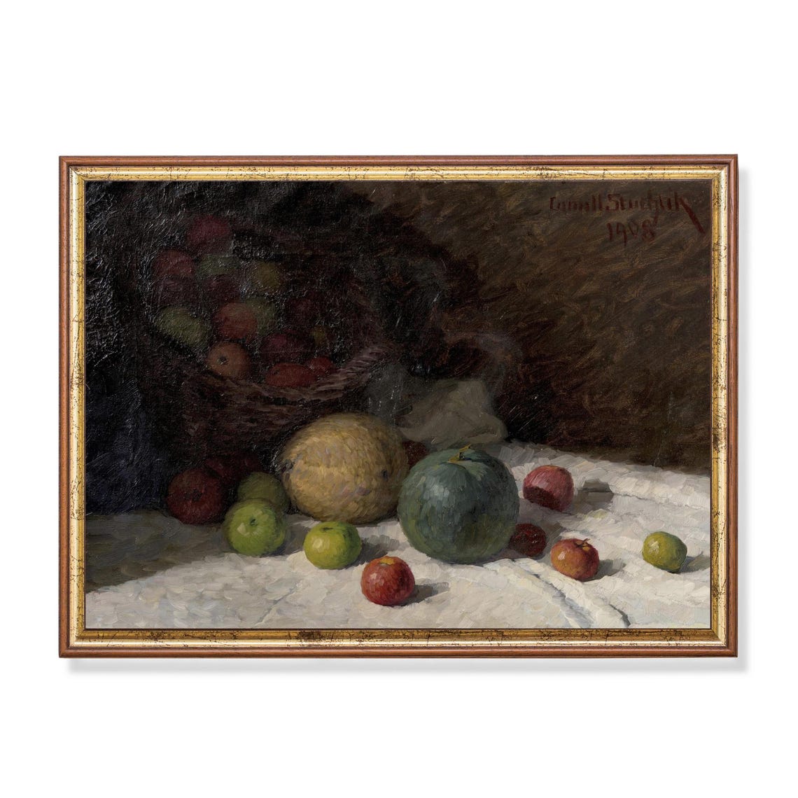 Vintage Fruit Still Life Apples Melons Basket Dark Moody Art Poster