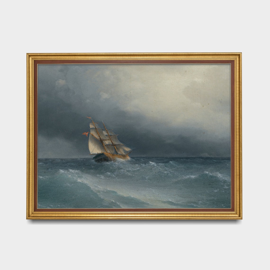 Sailing Ship on Stormy Seas Antique Nautical Painting Poster - Image 3