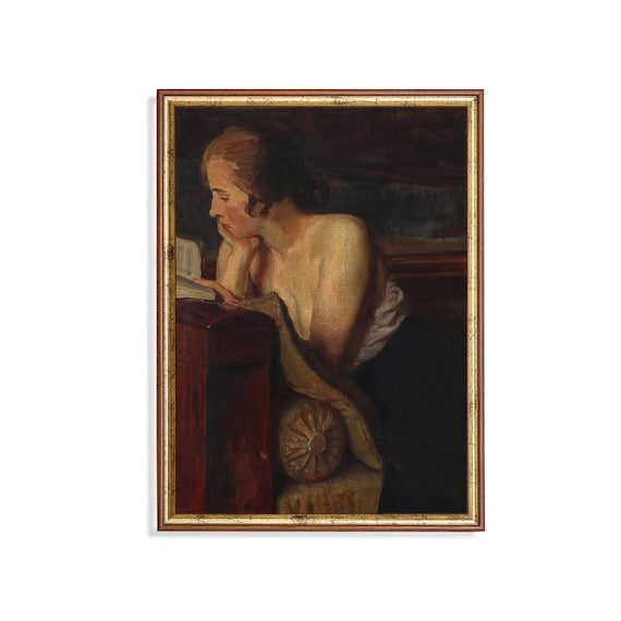 Antique Oil Portrait of a Woman Reading a Book at Her Desk Poster