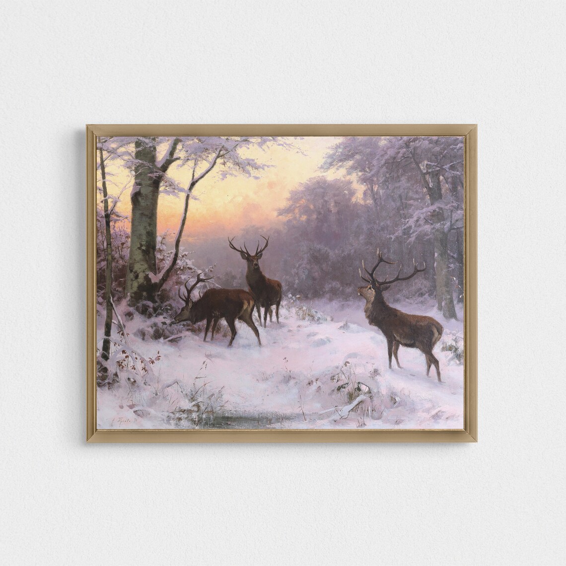 Three Stags in Snowy Forest at Dusk Vintage Winter Wildlife Poster - Image 2