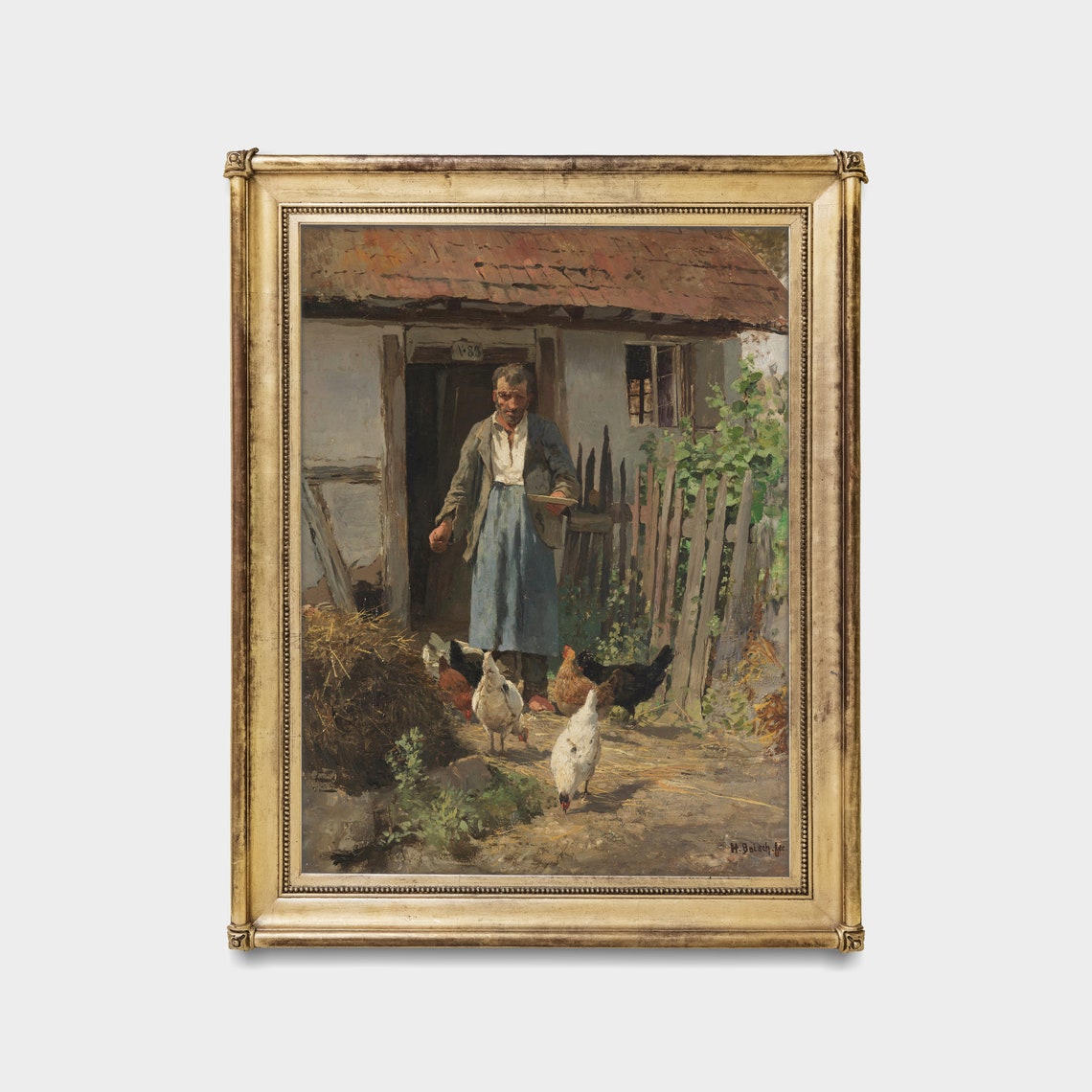 Farmer Feeding Chickens Outside a Farmhouse Door Vintage Poster