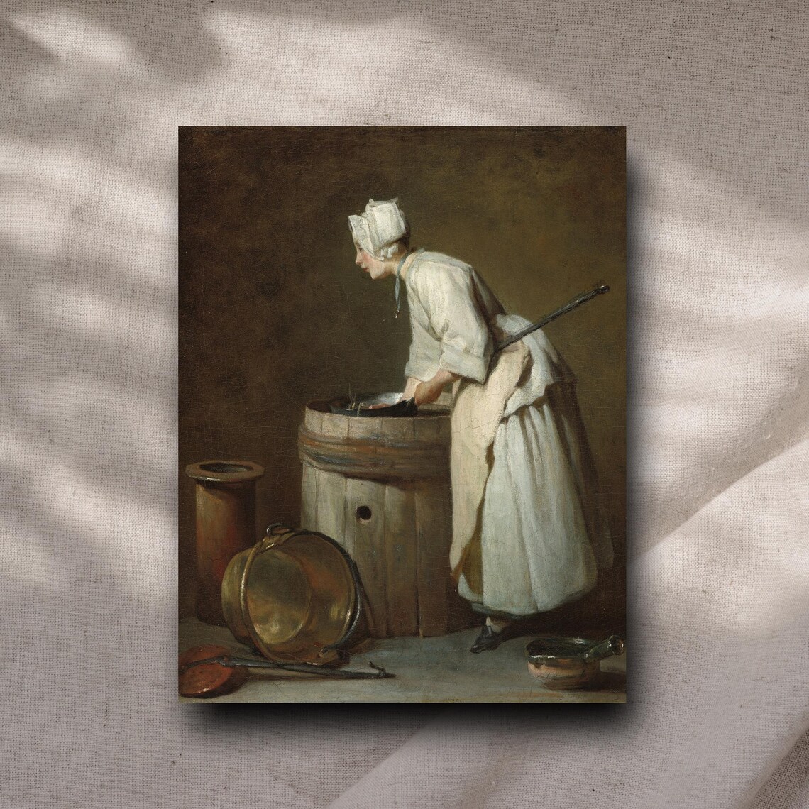 French Washerwoman Scrubbing At Wooden Tub Chardin Style Poster