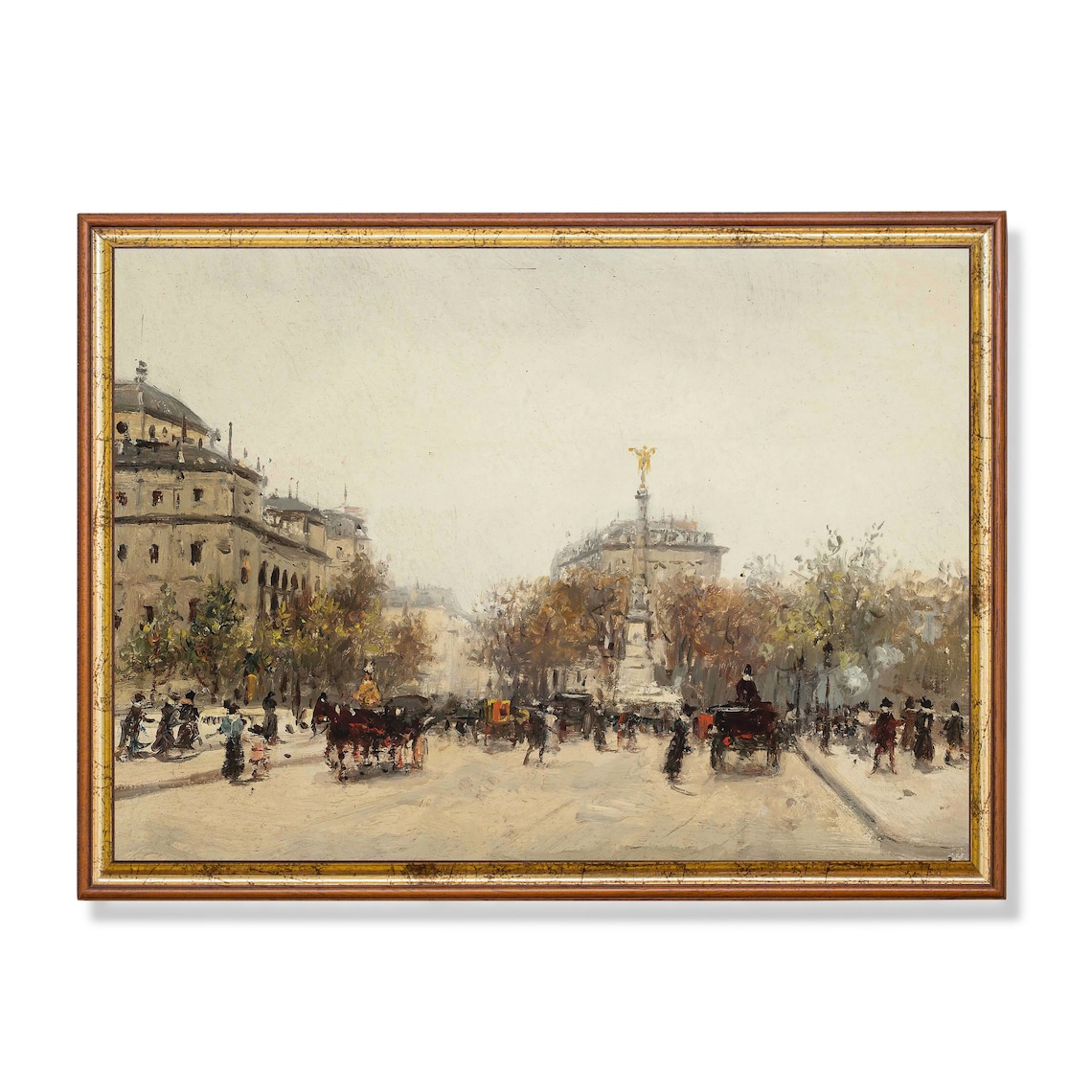 Paris Boulevard with Horse Carriages Vintage Cityscape Oil Poster