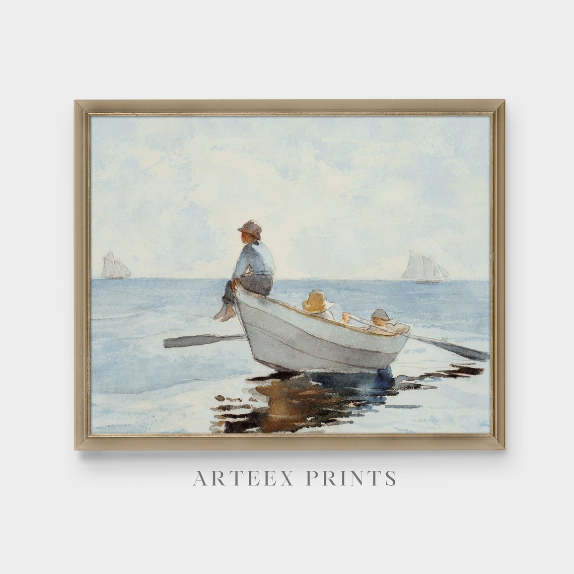 Three Boys in a Rowboat on Calm Blue Water Watercolor Poster - Image 5