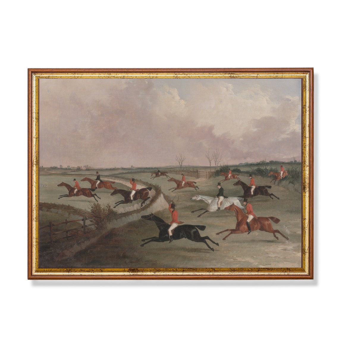 Fox Hunt Riders in Red Coats Galloping Open Field Vintage Poster