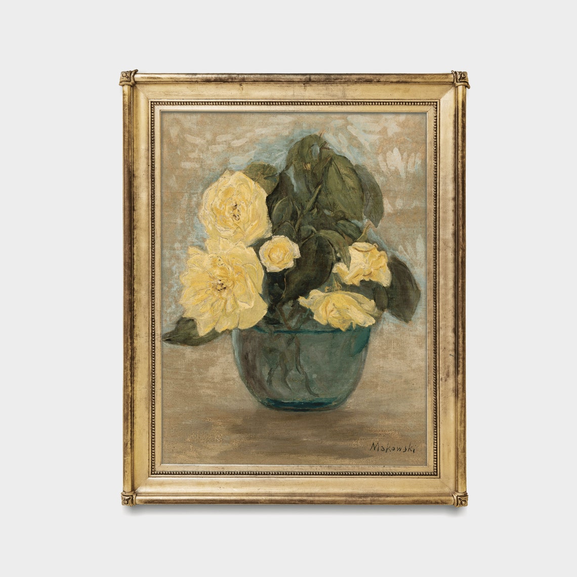 Yellow Roses in a Blue Glass Vase Vintage Floral Still Life Poster - Image 2