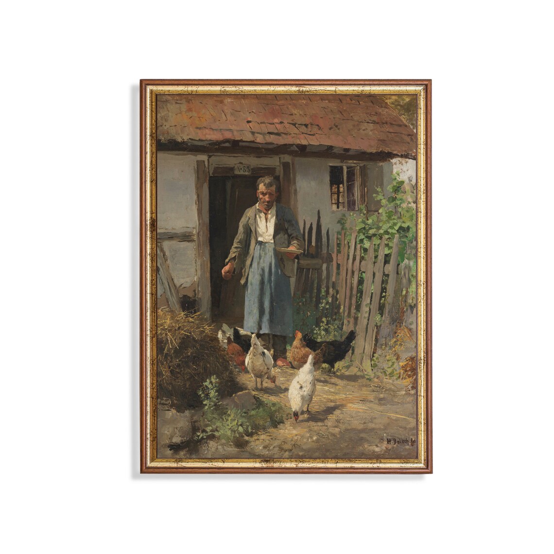 Farmer Feeding Chickens Outside a Farmhouse Door Vintage Poster - Image 5