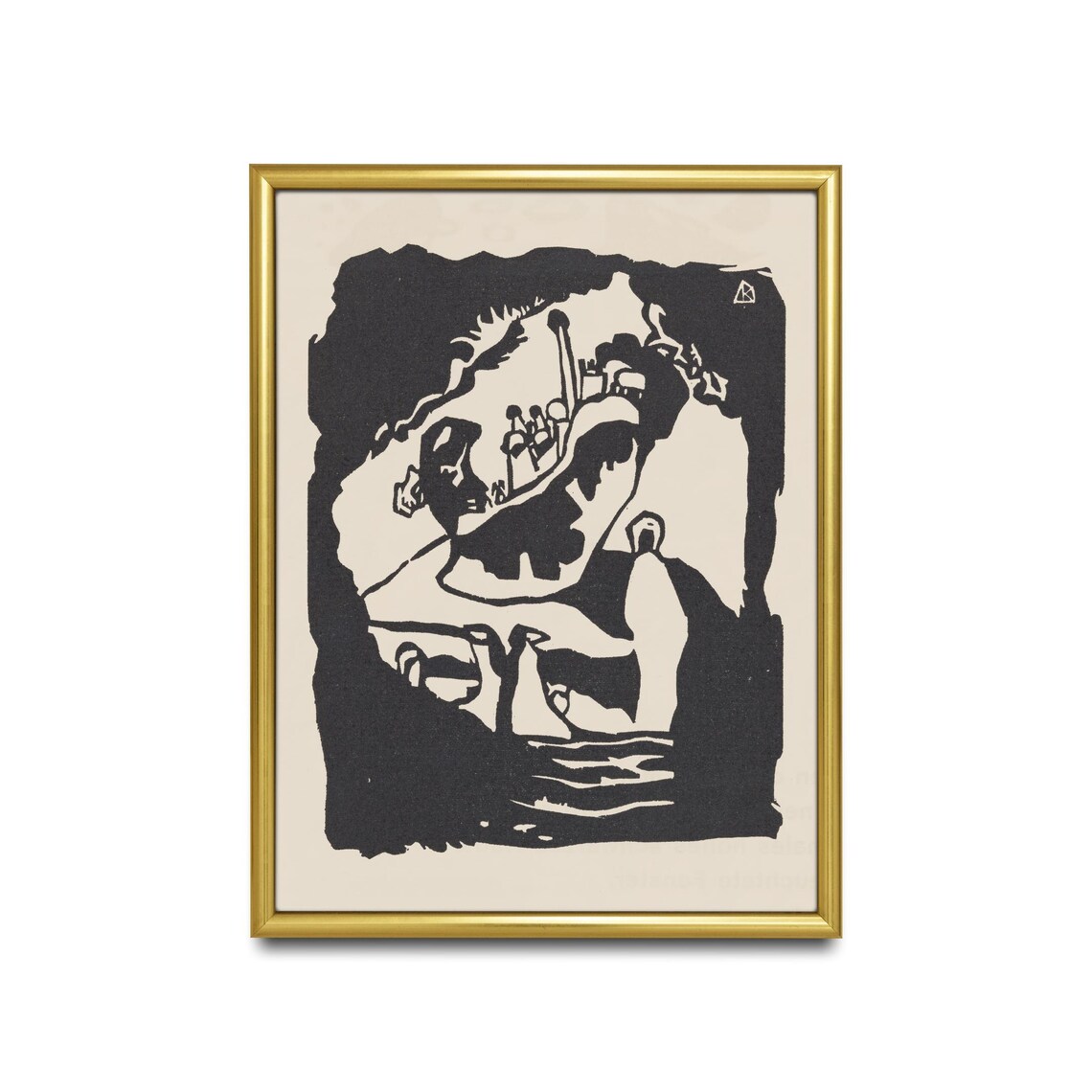 Expressionist Black White Woodcut Boat With Birds Vintage Art Poster - Image 2