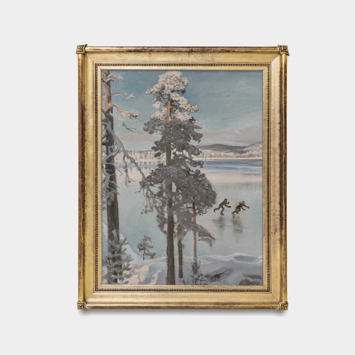 Skaters on a Frozen Lake Among Tall Snowy Pine Trees Forest Poster - Image 3