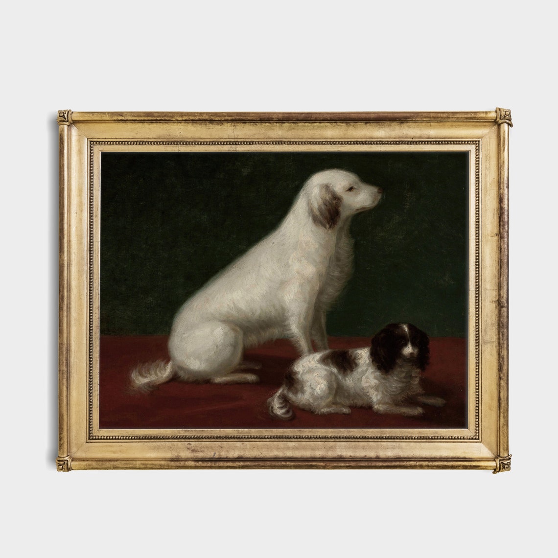 Two Spaniels Resting Together on a Red Cloth Antique Dog Poster - Image 2