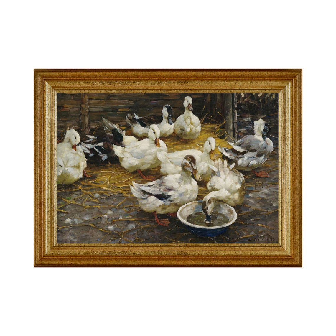 White Ducks Around a Water Bowl Signed A. Koester Farm Poster - Image 3